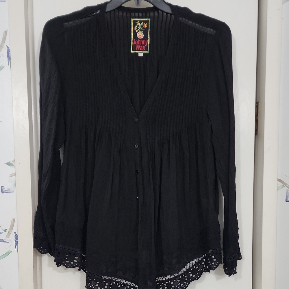 Johnny Was Black Lace Trim Blouse